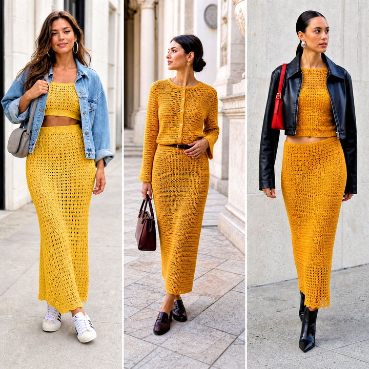 15 Yellow Crochet Top and Skirt Set Outfit Ideas for Sunny Style