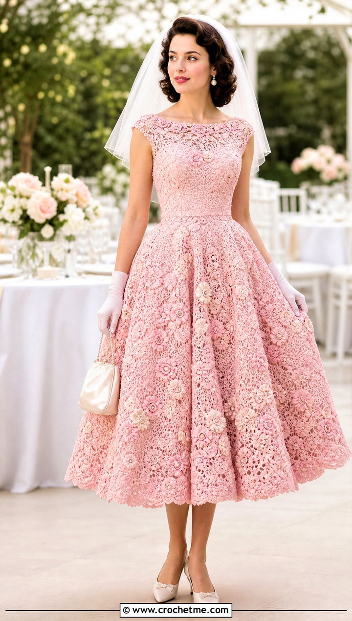 s Floral Motif Crochet Wedding Dress With Kitten Heels - 20 vintage crochet wedding dress outfit ideas