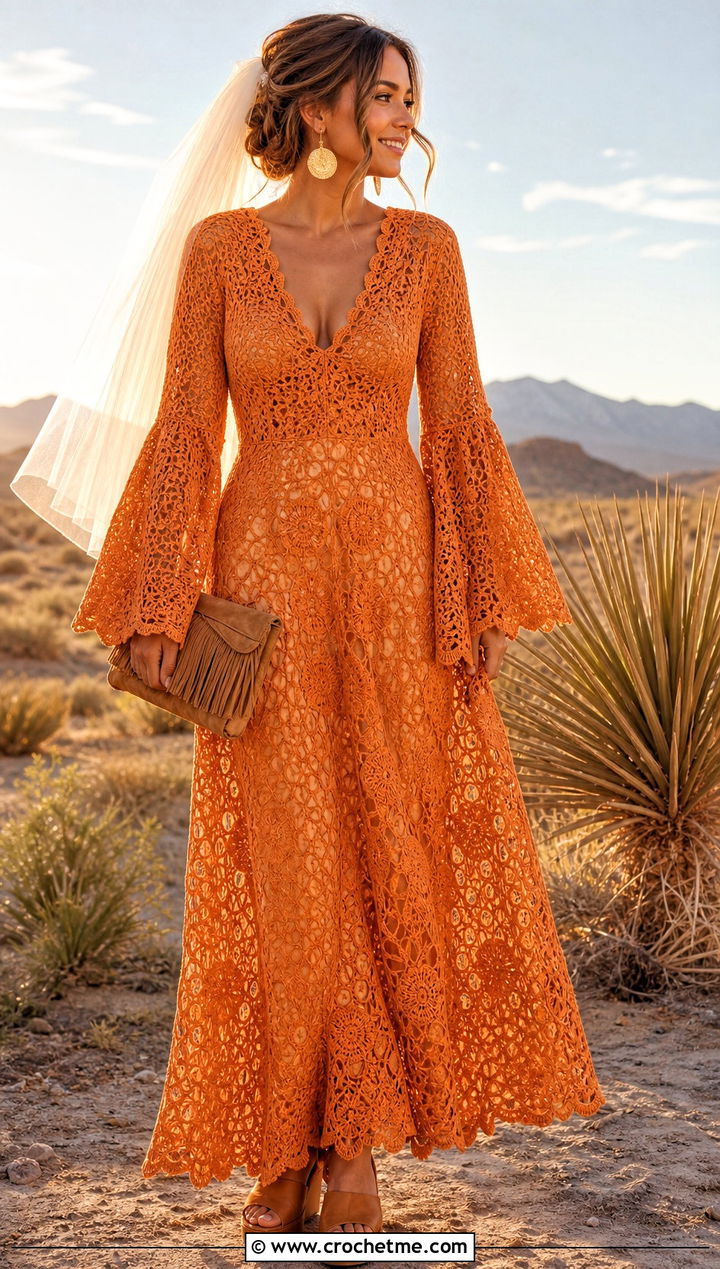 s Bell Sleeve Crochet Wedding Dress With Platform Sandals - 20 vintage crochet wedding dress outfit ideas