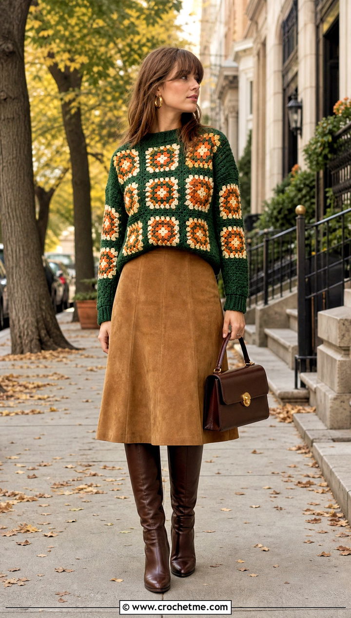 s Granny Square Pullover Sweater With Suede Midi Skirt - 35 Granny Square Pullover Sweater outfit ideas