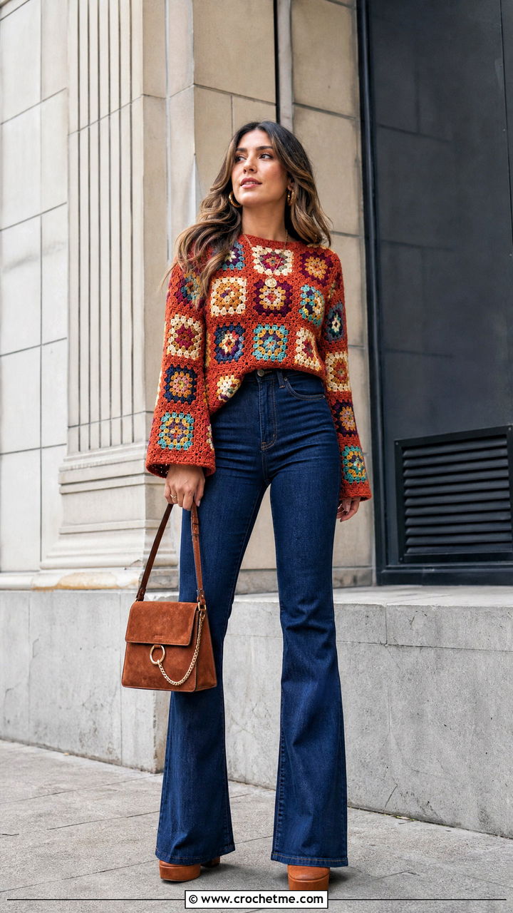s Granny Square Sweater With Flare Jeans - 35 granny square sweater outfit ideas