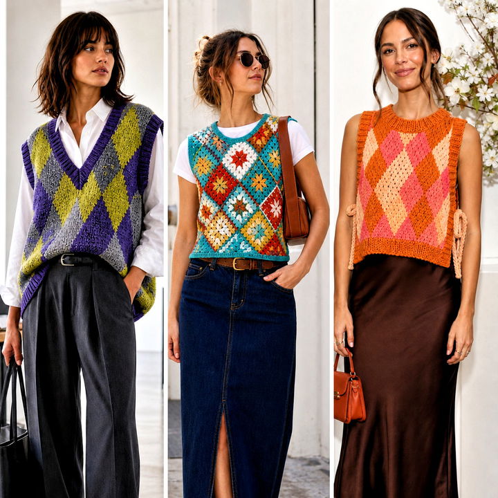 20 Argyle Crochet Sweater Vest Outfit Ideas for Preppy Style