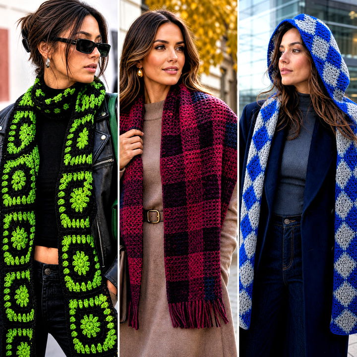 20 Checkered Crochet Scarf Outfit Ideas for Winter Style