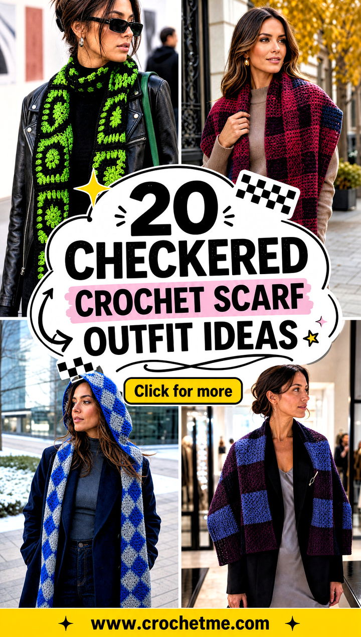 20 Checkered Crochet Scarf outfit ideas - 20 Checkered Crochet Scarf outfit ideas