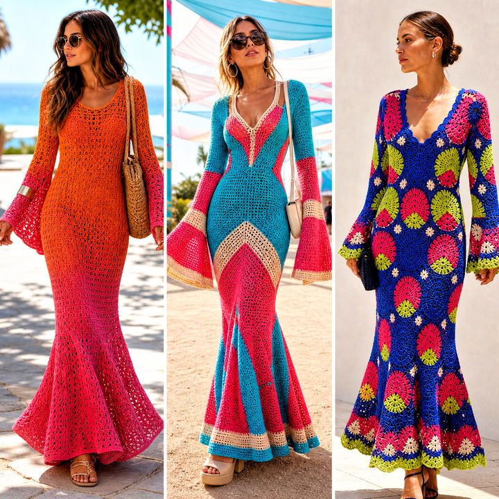 20 Crochet Fishtail Flare Sleeve Maxi Dress Outfit Ideas to Try