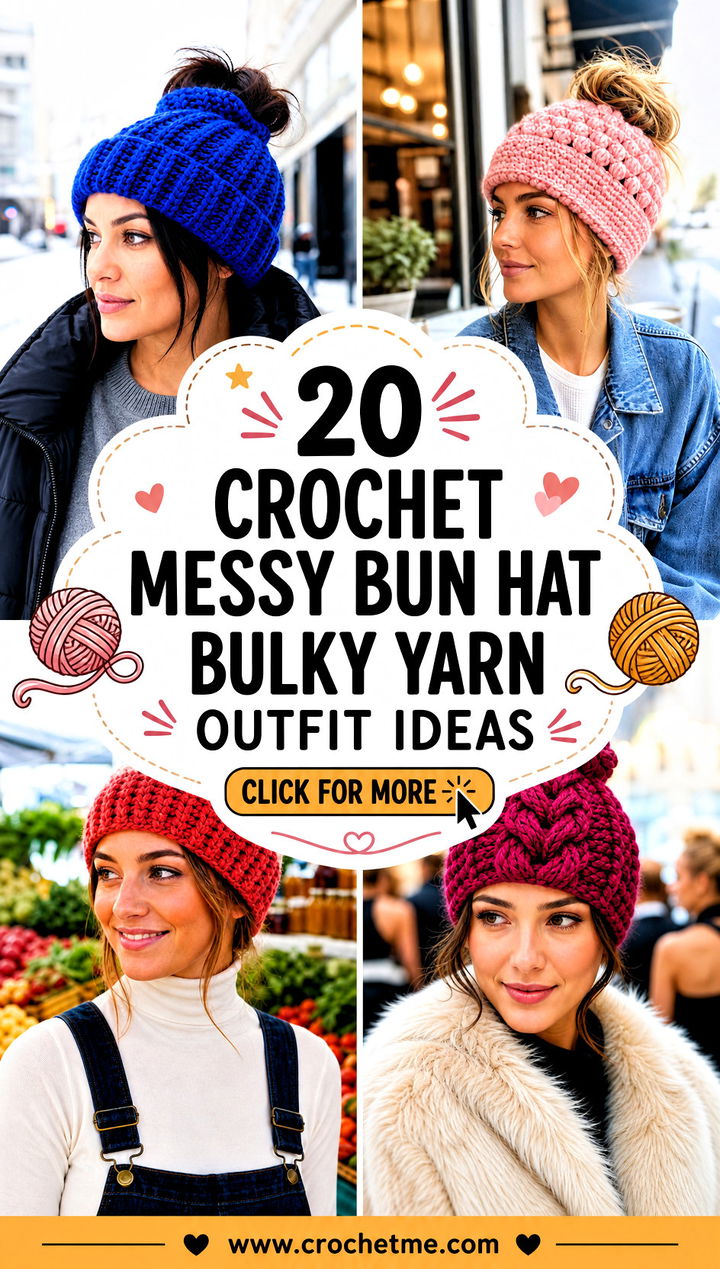20 Crochet Messy Bun Hat Bulky Yarn outfit ideas - 20 Crochet Messy Bun Hat Bulky Yarn outfit ideas