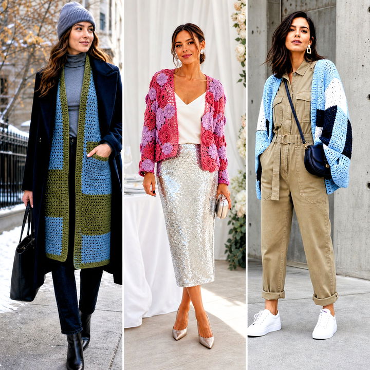 20 Crochet Patched Cardigan Outfit Ideas for Artsy Layered Looks