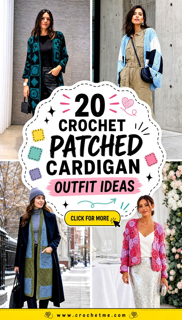 20 Crochet Patched Cardigan outfit ideas - 20 Crochet Patched Cardigan outfit ideas