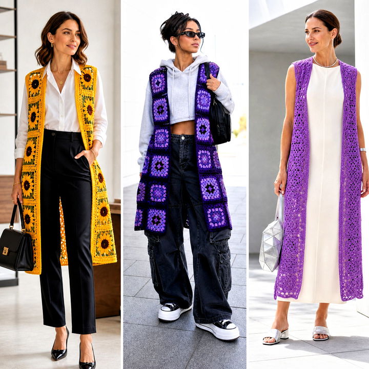 20 Granny Square Long Vest Outfit Ideas for Boho Layering