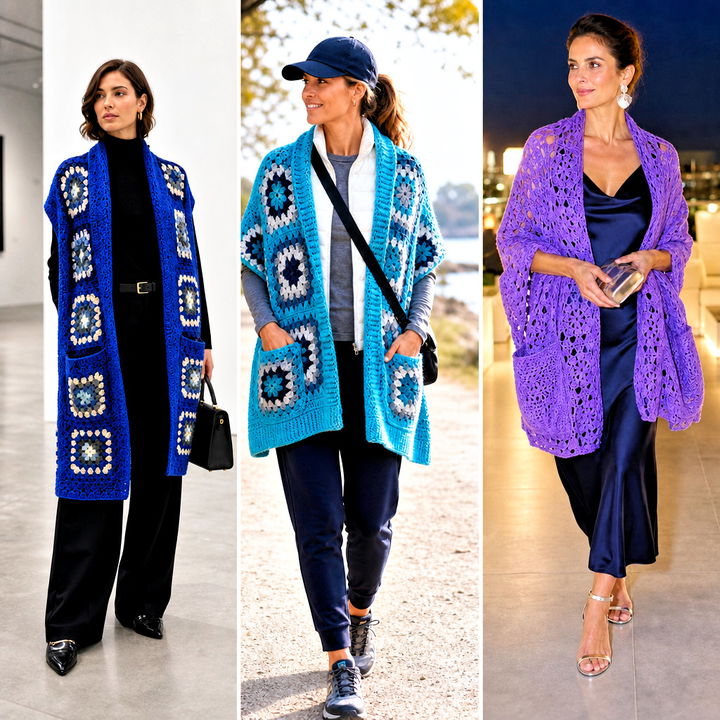 20 Granny Square Pocket Shawl Outfit Ideas for Cozy Layering