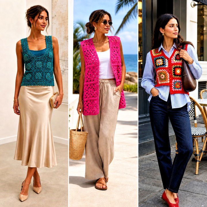 20 Granny Square Sleeveless Vest Outfit Ideas for Boho Style