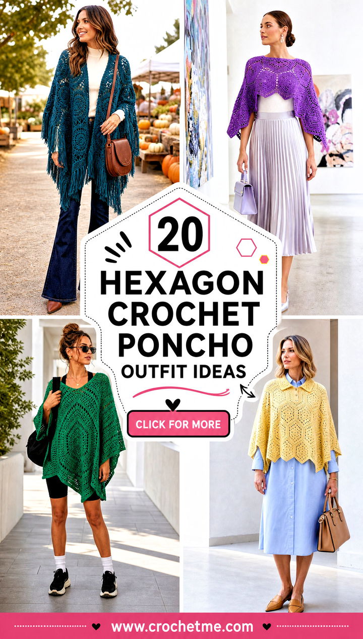 20 Hexagon Crochet Poncho outfit ideas - 20 Hexagon Crochet Poncho outfit ideas