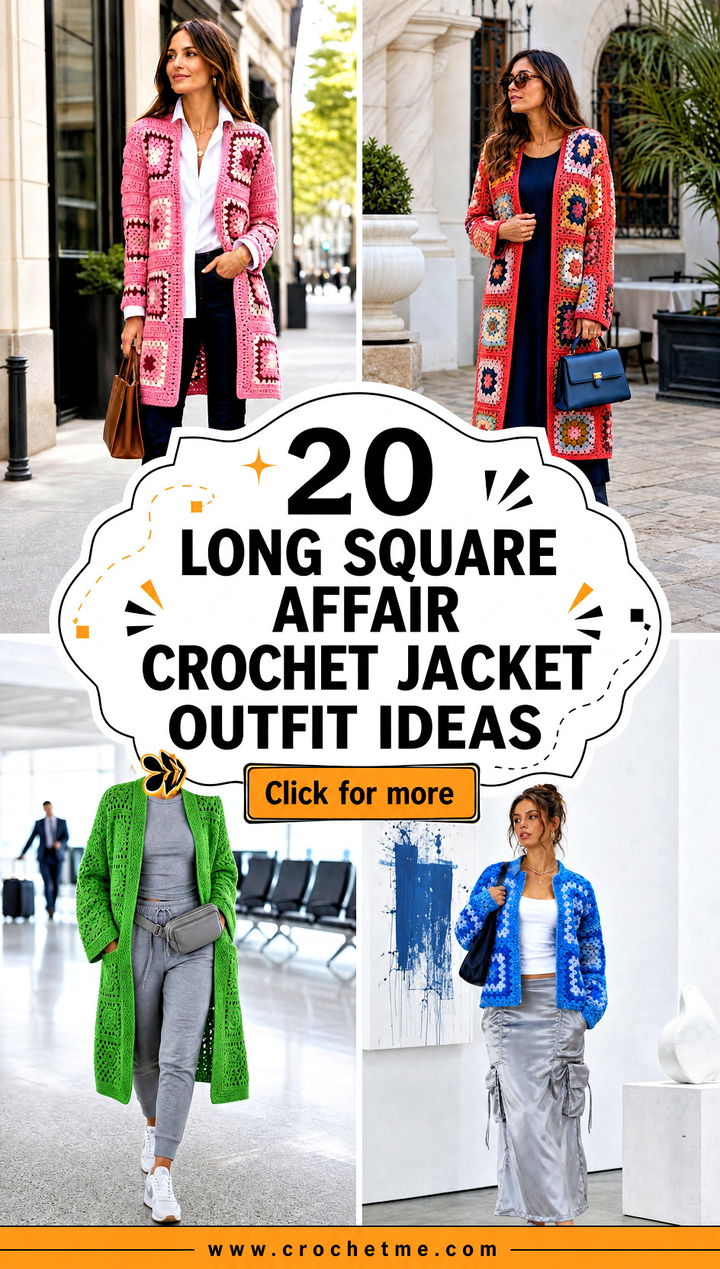 20 Long Square Affair Crochet Jacket outfit ideas - 20 Long Square Affair Crochet Jacket outfit ideas