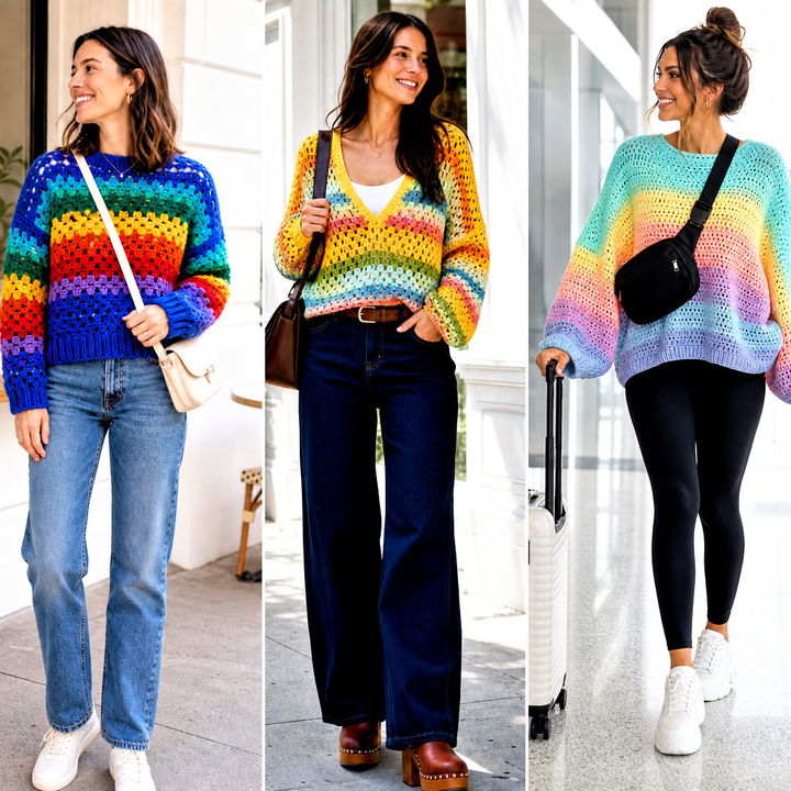 20 Rainbow Crochet Sweater Outfit Ideas for Bold Winter Style