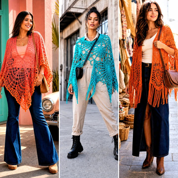 20 Spider Web Crochet Poncho Outfit Ideas for Bold Fall Style
