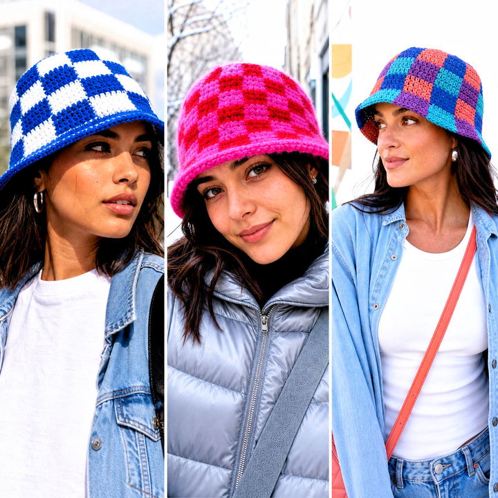 20 checkerboard crochet bucket hat outfit ideas