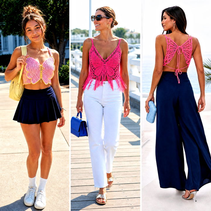 20 Pink Butterfly Crochet Top Outfit Ideas for Y2K Style
