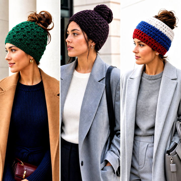 20 Top Down Crochet Messy Bun Hat Outfit Ideas for Winter Style