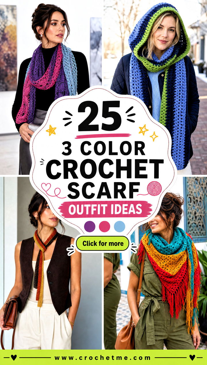 25 3 Color Crochet Scarf outfit ideas - 25 3 Color Crochet Scarf outfit ideas
