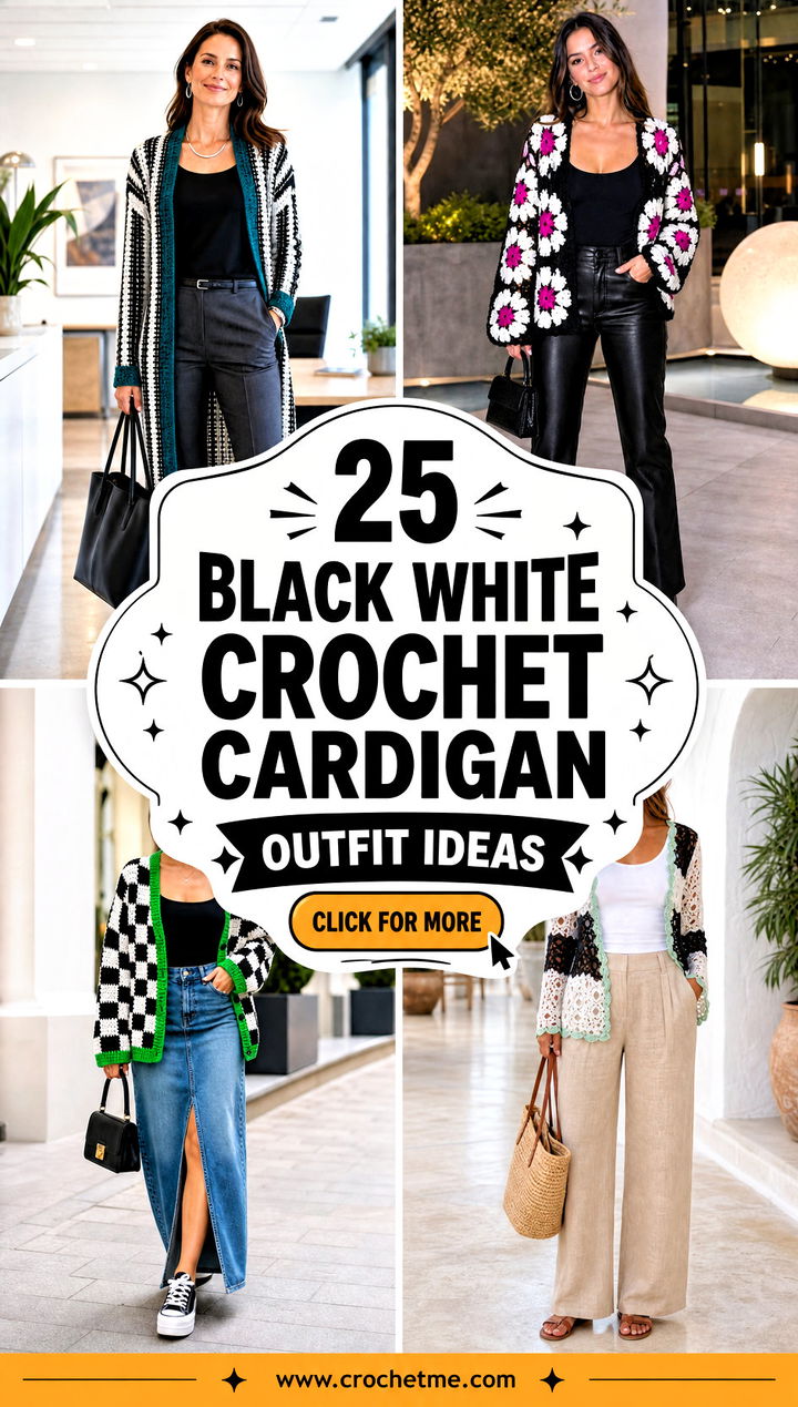 25 Black White Crochet Cardigan outfit ideas - 25 Black White Crochet Cardigan outfit ideas