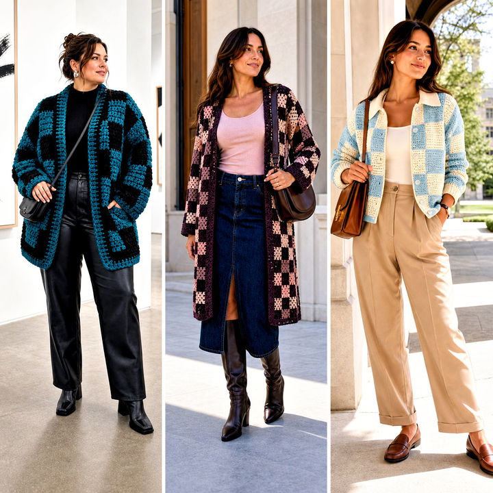25 Checkered Crochet Cardigan Outfit Ideas for Cool Days