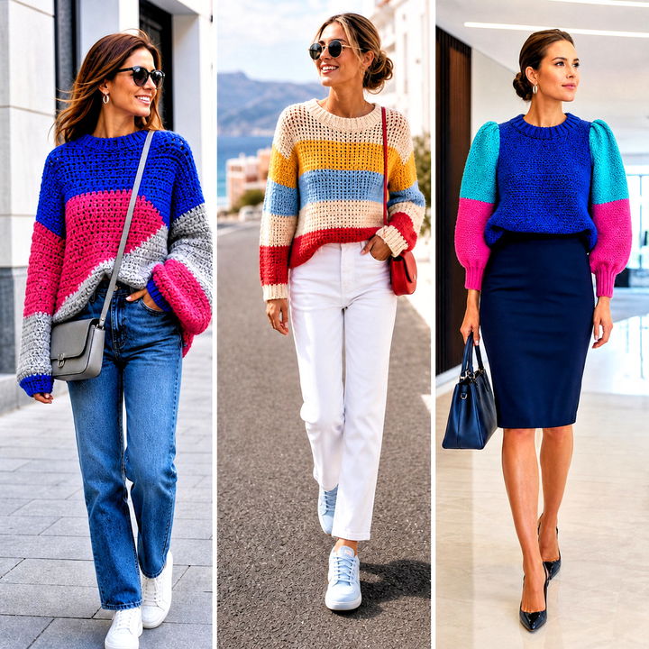 25 Color Block Crochet Sweater Outfit Ideas for Chic Layering