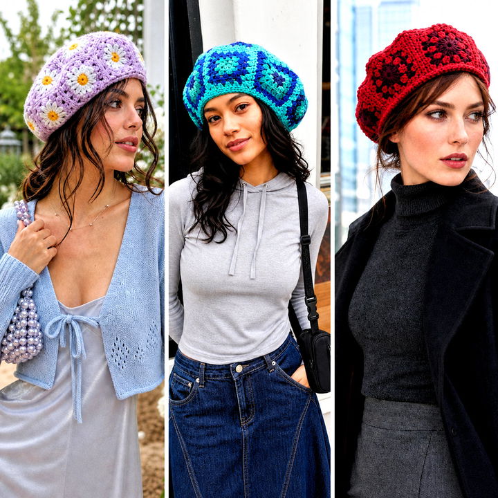 25 Crochet Granny Square Beret Outfit Ideas for Artsy Style