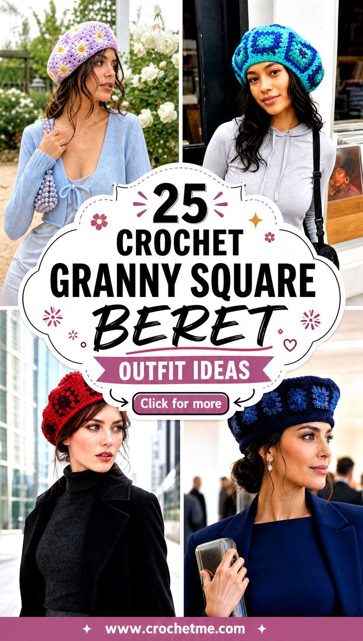 25 Crochet Granny Square Beret outfit ideas - 25 Crochet Granny Square Beret outfit ideas