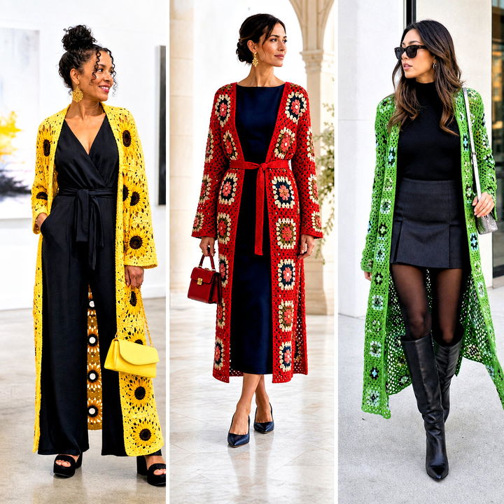 25 Crochet Granny Square Duster Outfit Ideas for Boho Layering