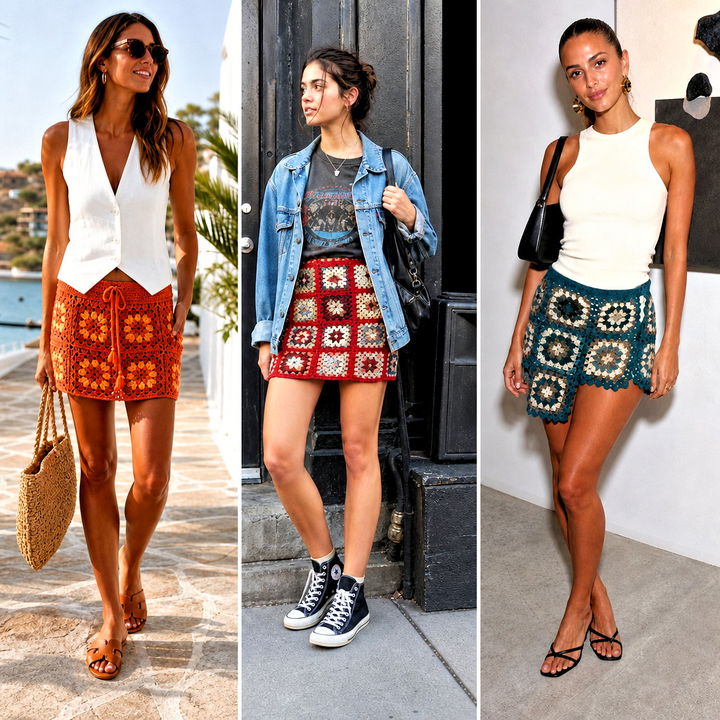 25 Crochet Granny Square Mini Skirt Outfit Ideas: Bold Looks