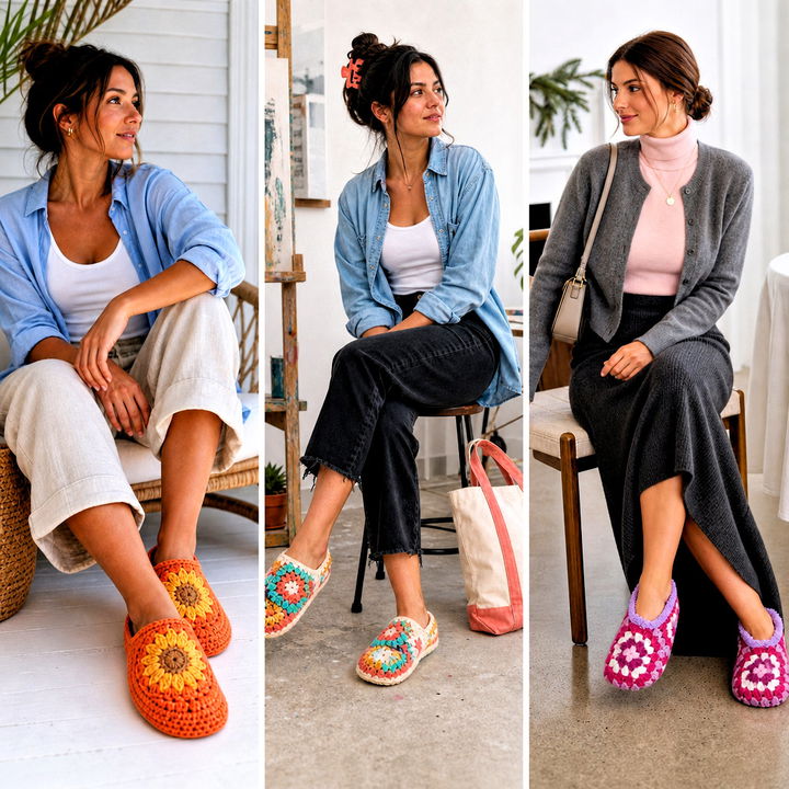25 Crochet Granny Square Slippers Outfit Ideas: Cozy Home Looks