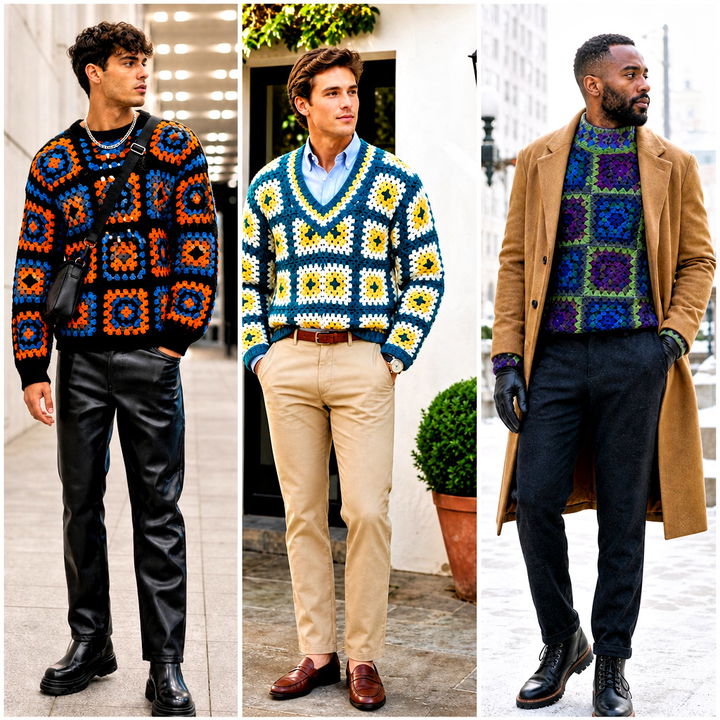 25 Crochet Granny Square Sweater for Men Outfit Ideas: Modern