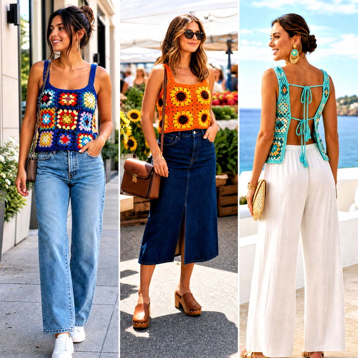 25 Crochet Granny Square Tank Top Outfit Ideas: Summer Style