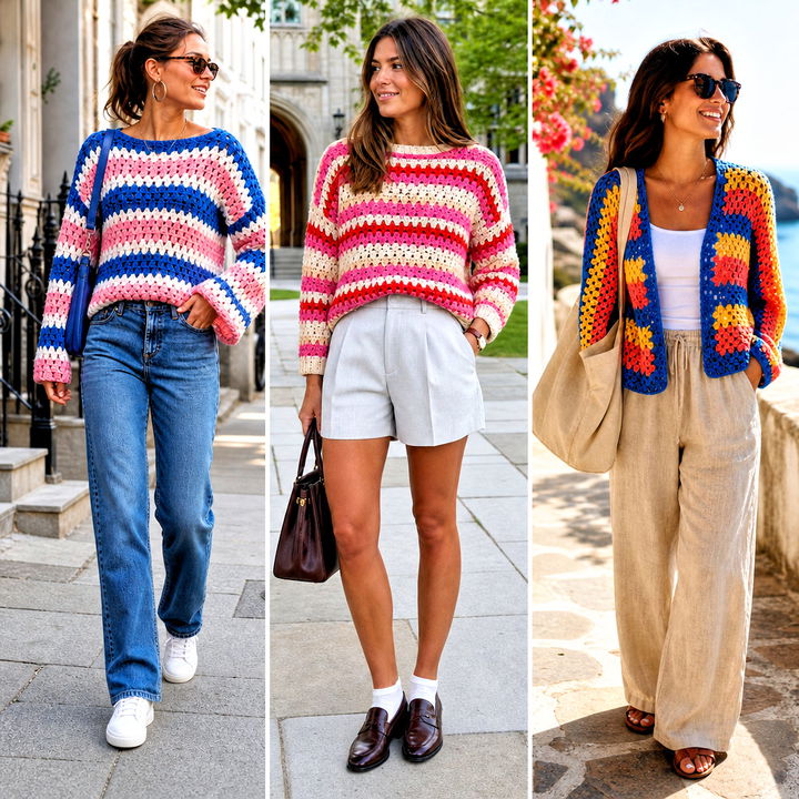 25 Crochet Granny Stripe Sweater Outfit Ideas: Cozy Color Trends