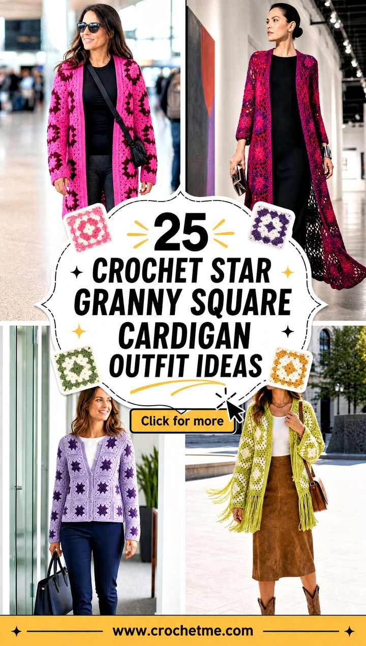 25 Crochet Star Granny Square Cardigan outfit ideas - 25 Crochet Star Granny Square Cardigan outfit ideas