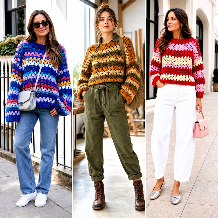 25 Granny Stripe Crochet Sweater Outfit Ideas for Fall