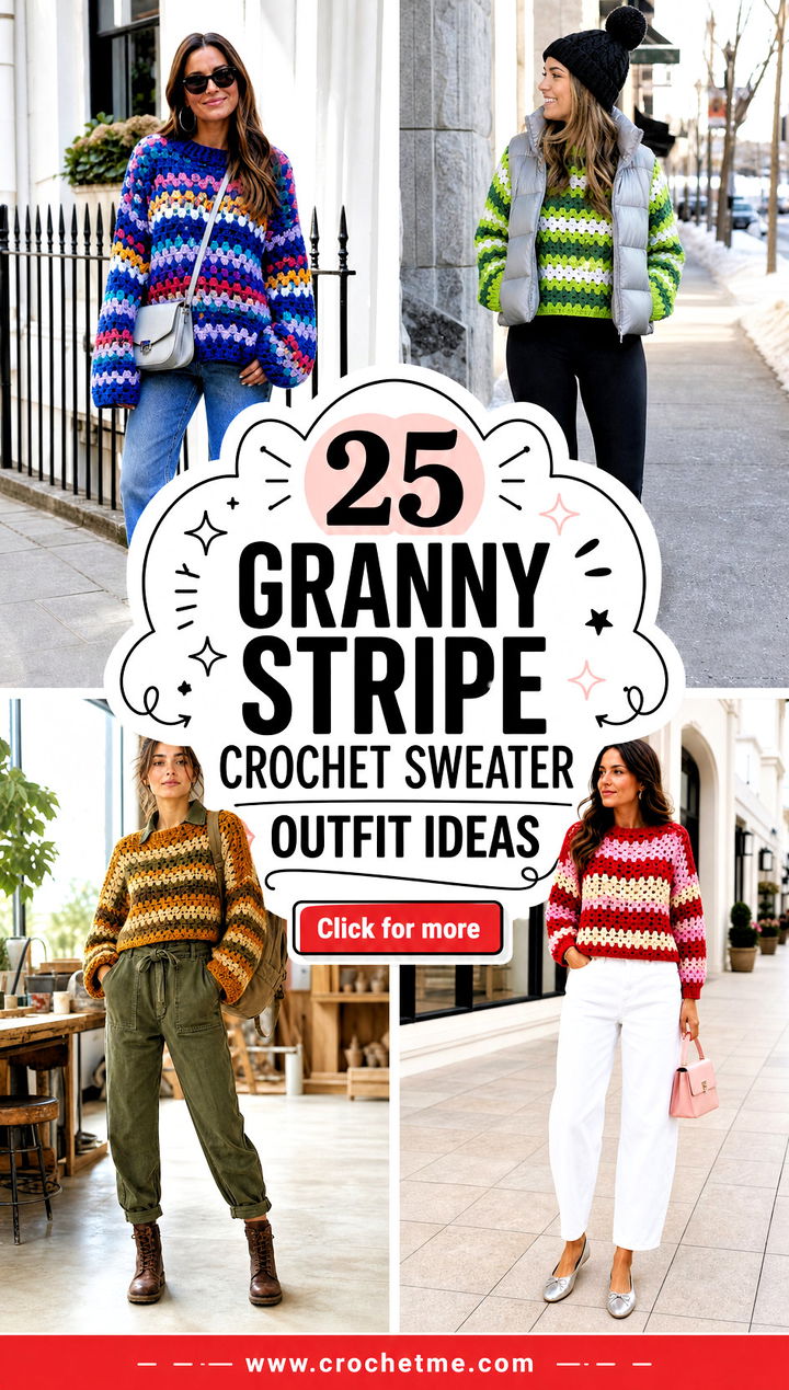 25 Granny Stripe Crochet Sweater outfit ideas - 25 Granny Stripe Crochet Sweater outfit ideas