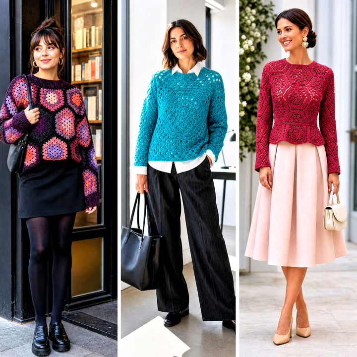 25 Hexagon Granny Square Pullover Outfit Ideas for Fall