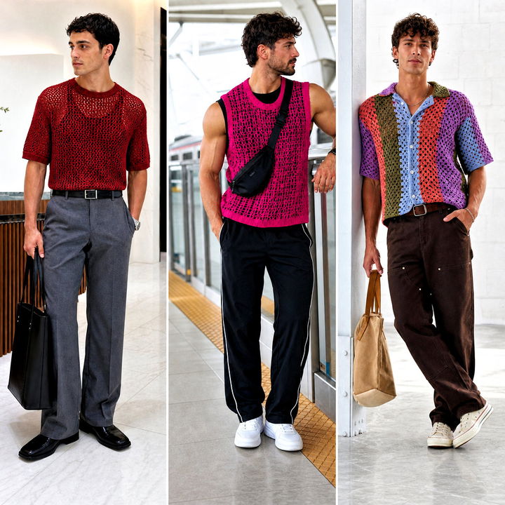25 Men Crochet Mesh Shirt Outfit Ideas for Breezy Summer Style