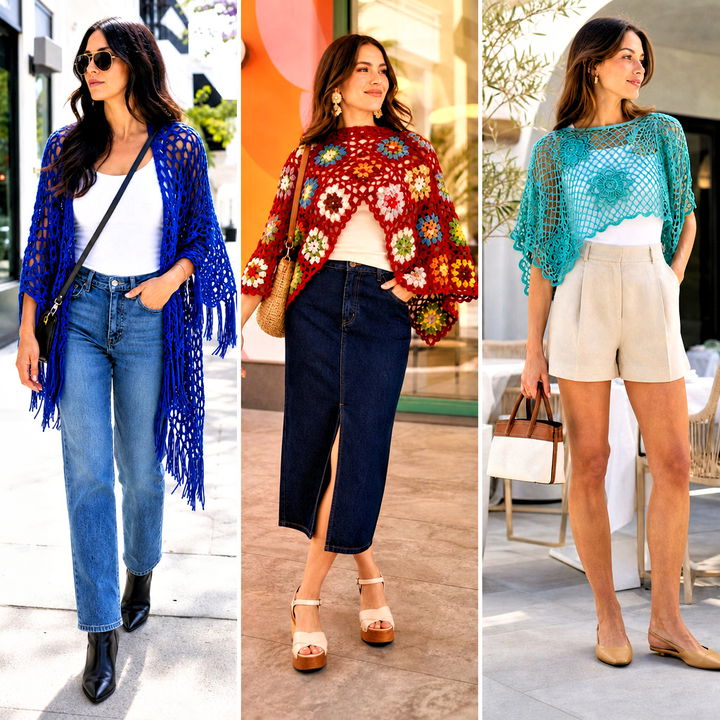 25 Mesh Crochet Poncho Outfit Ideas for Breezy Layered Style