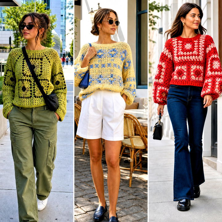 25 Mosaic Crochet Sweater Outfit Ideas for Bold Layered Style