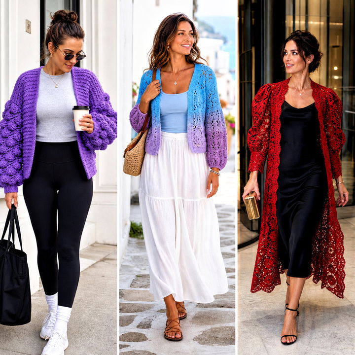 25 Puff Sleeve Crochet Cardigan Outfit Ideas for Cozy Layering