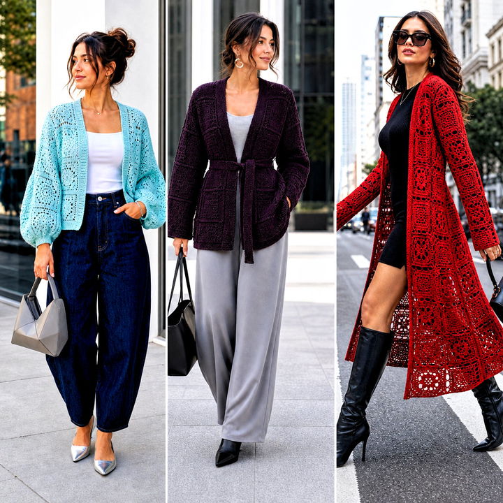 25 Square Patch Crochet Cardigan Outfit Ideas for Chic Fall Looks