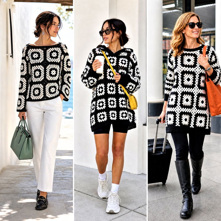 25 Black and White Granny Square Sweater Outfit Ideas to Try