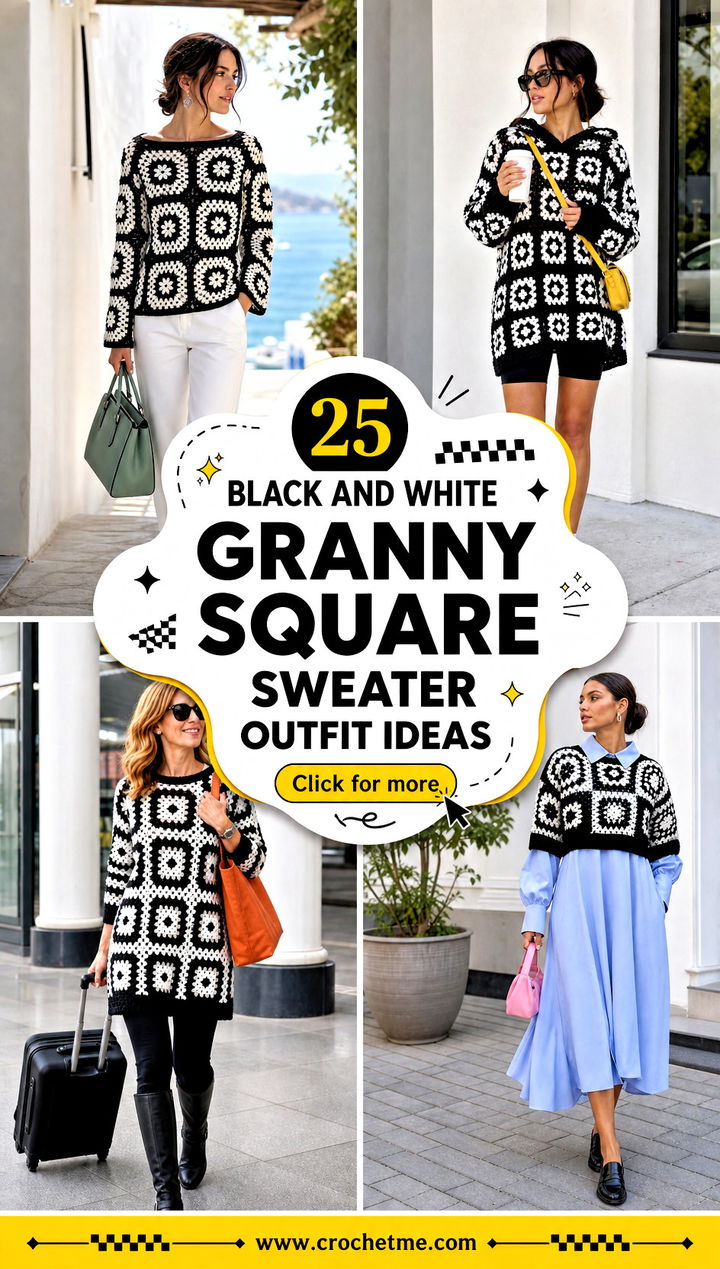 25 black and white granny square sweater outfit ideas - 25 black and white granny square sweater outfit ideas