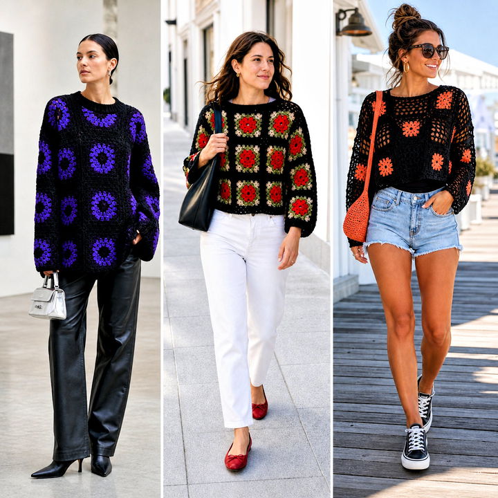 25 Black Granny Square Sweater Outfit Ideas for Cozy Style