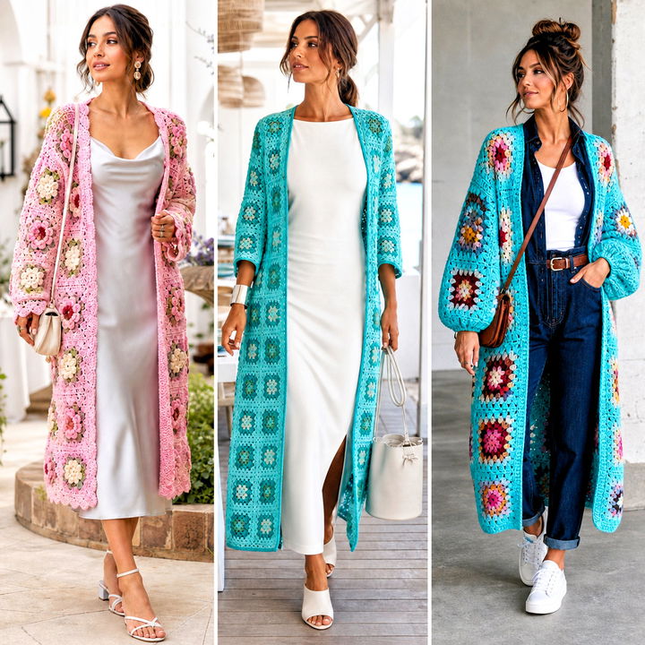25 Crochet Granny Square Long Cardigan Outfit Ideas to Try