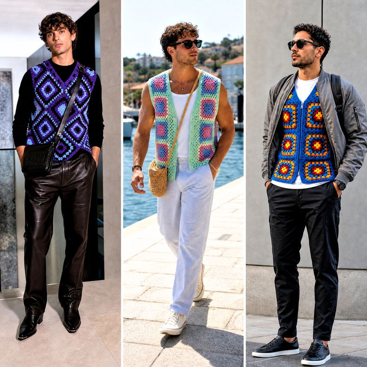 25 crochet granny square mens vest outfit ideas