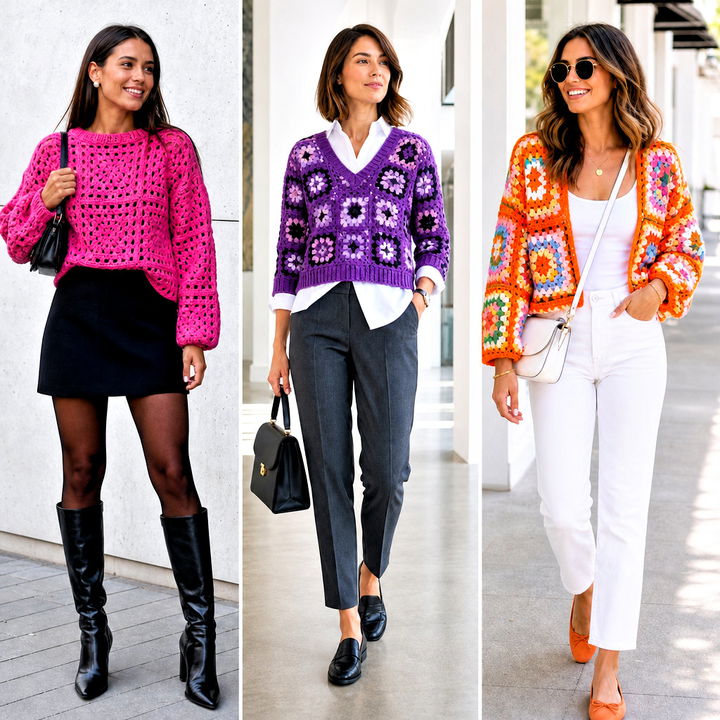25 Crochet Granny Square Pullover Sweater Outfit Ideas: Cozy