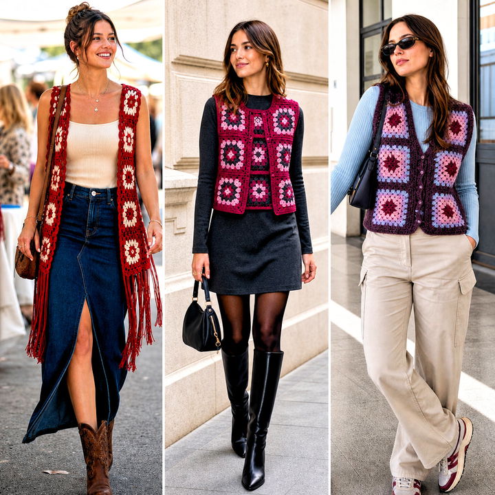 25 Crochet Granny Square Waistcoat Outfit Ideas: Chic Layers